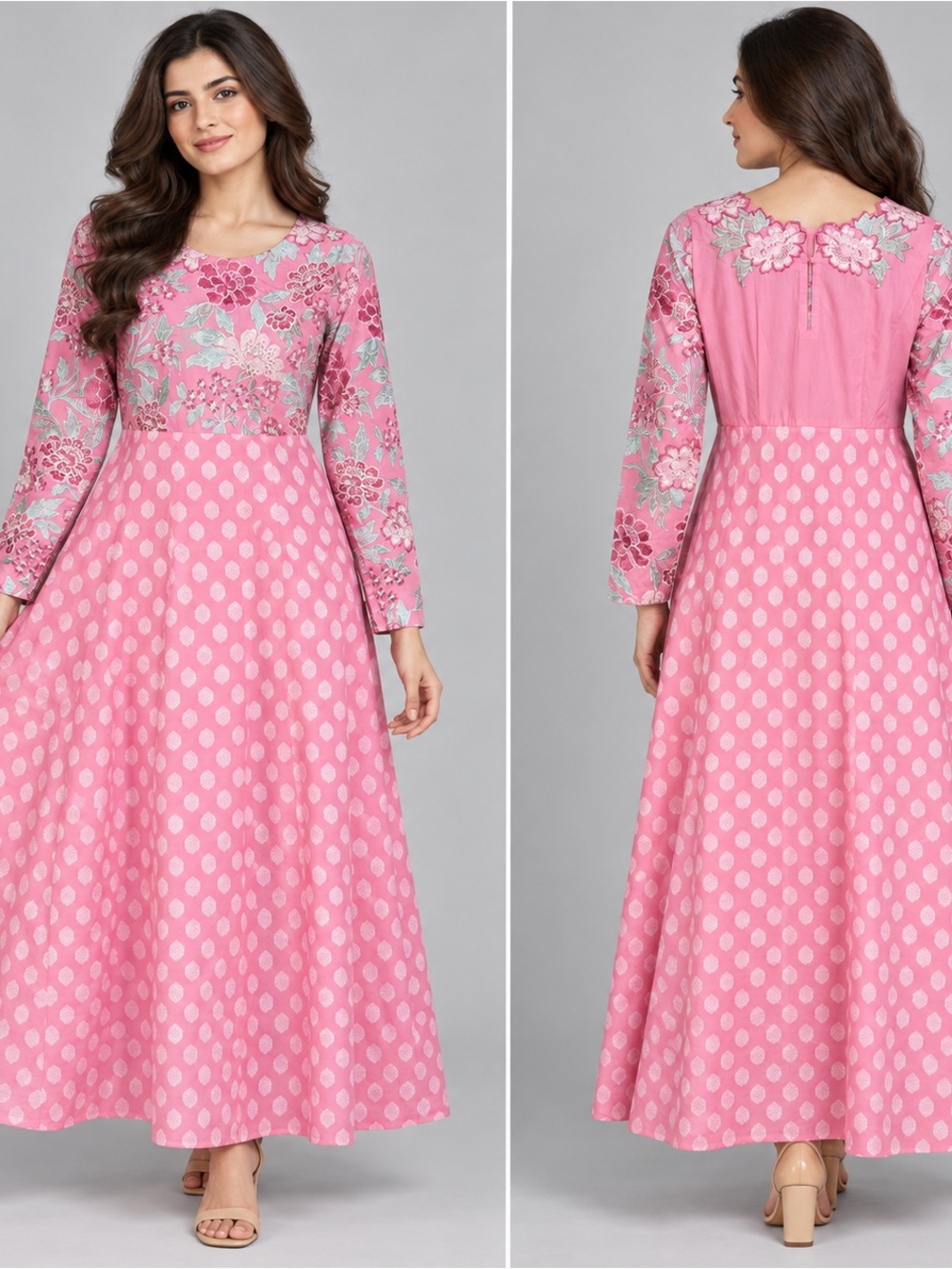 Ethnic Pink Jacquard Floral Embroidered Maxi Gown Small S South Asian Boho Flare